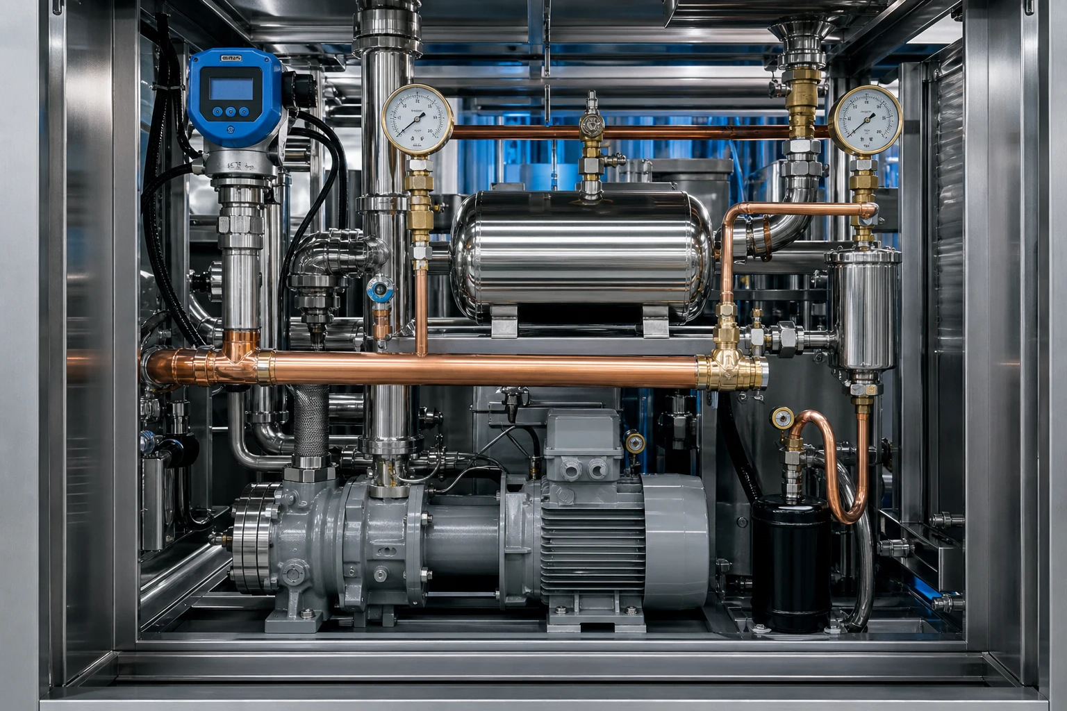 Detailansicht eines Klimaaggregats mit Pumpen und Rohrleitungen