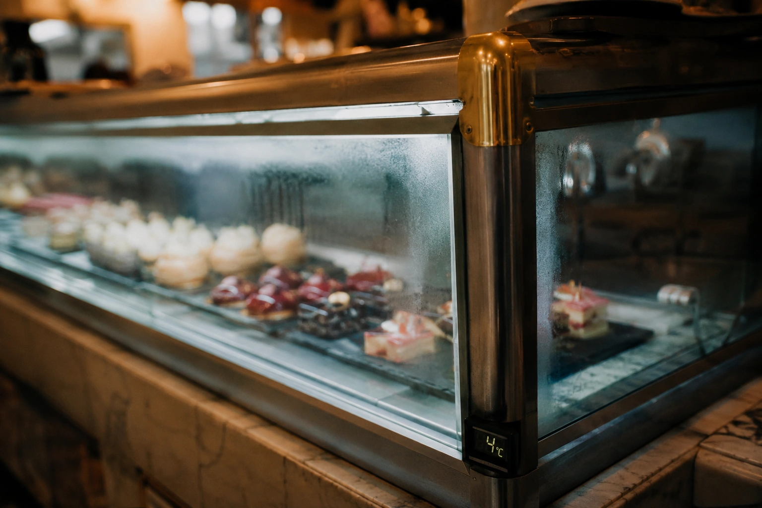 Detail einer gekühlten Patisserie-Vitrine mit Backwaren und Temperaturanzeige bei 4°C