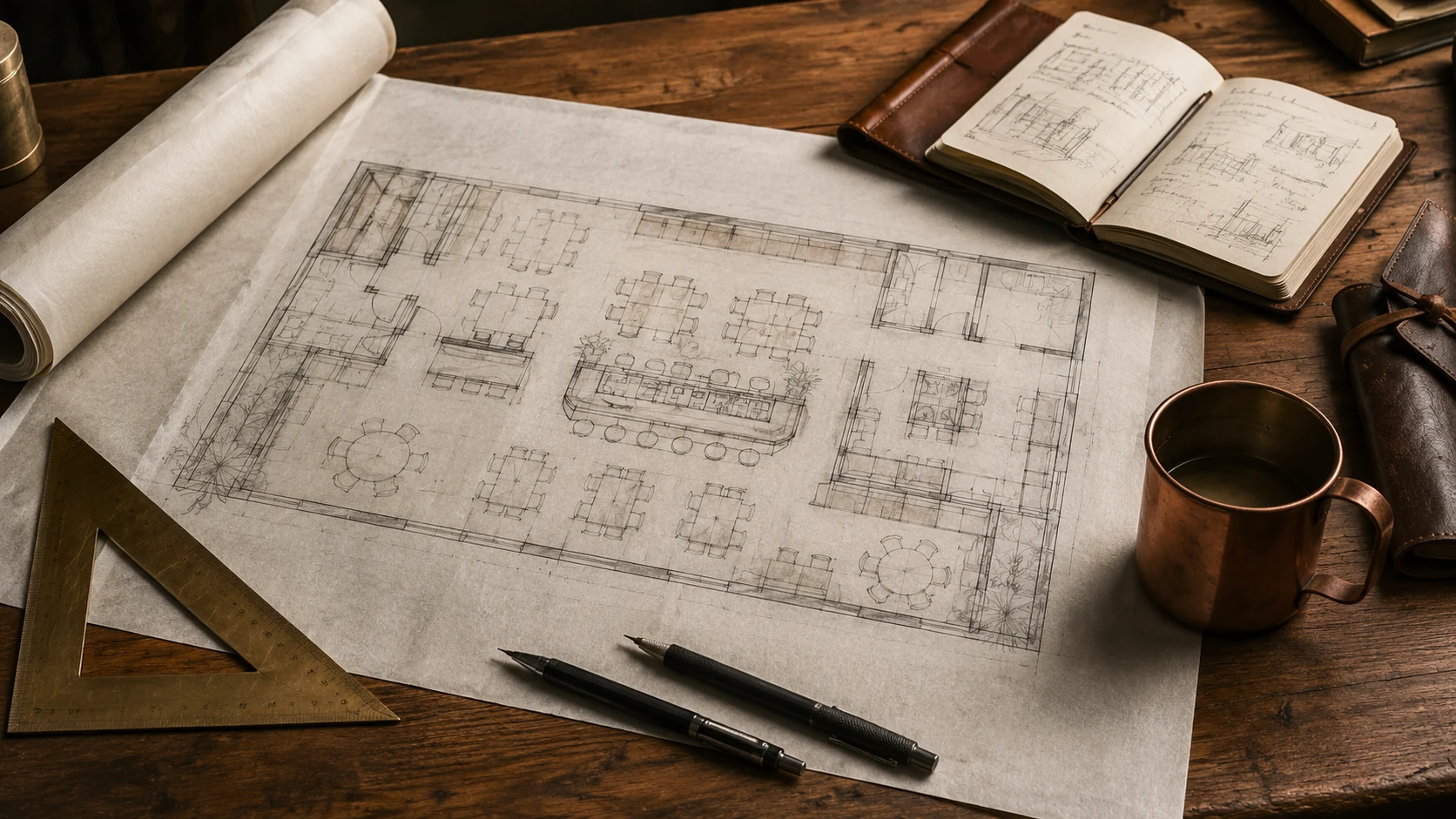 Architekten-Tisch mit ausgerolltem Grundriss eines Restaurants, Messing-Dreieck, Notizbuch und Kupfertasse
