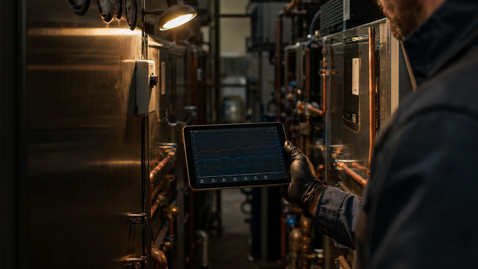 Hand mit Service-Tablet und Temperaturkurve im Maschinenraum, Chiller im Hintergrund