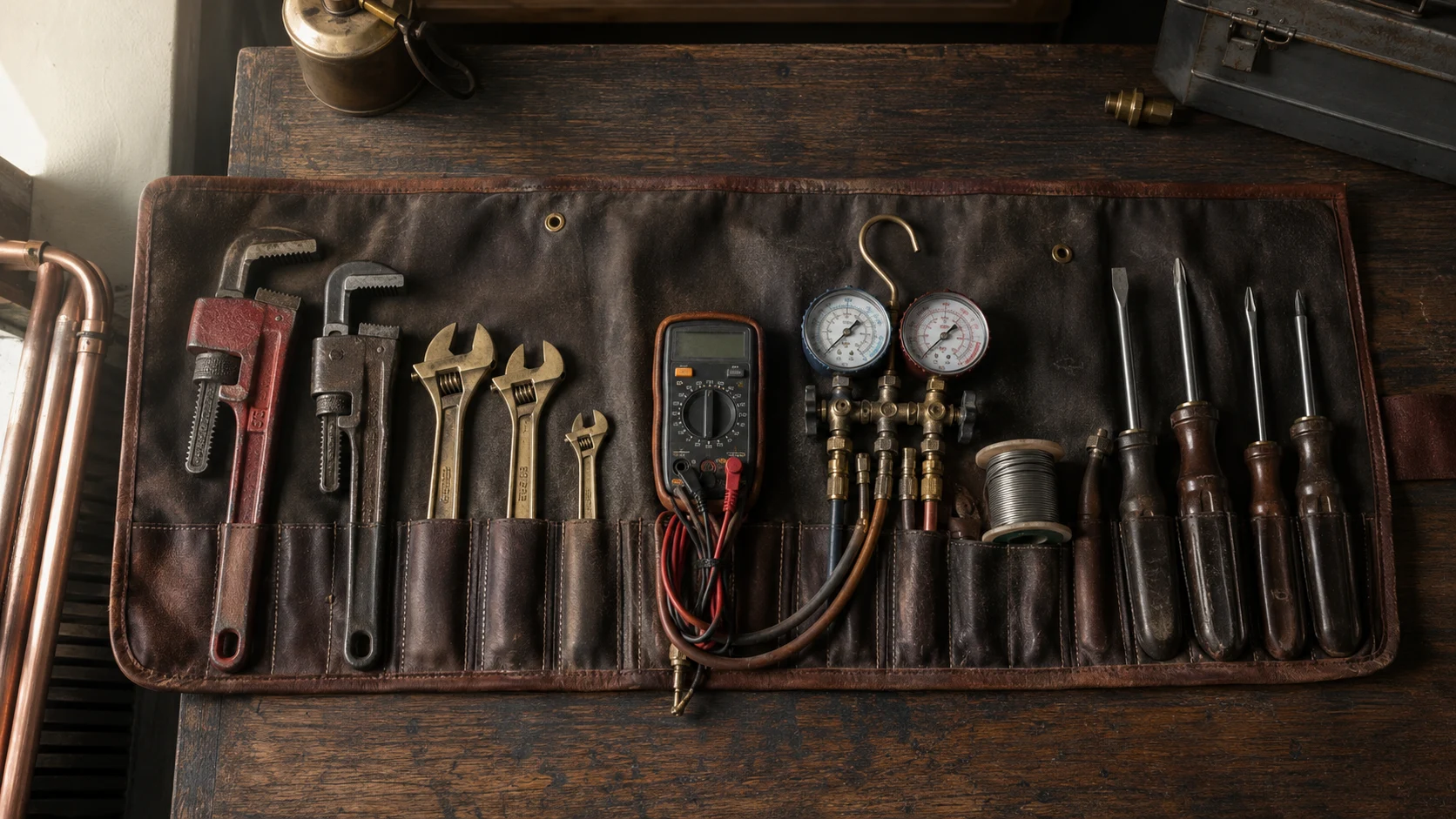 Aufgerolltes Werkzeug-Set des Service-Technikers auf Eichen-Werkbank — Rohrzangen, Multimeter, Messing-Schraubenschlüssel