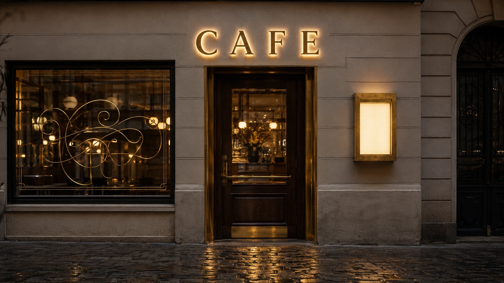 Restaurantfassade mit beleuchtetem CAFE-Schriftzug, Fensterornament und Leuchtkasten neben der Eingangstür