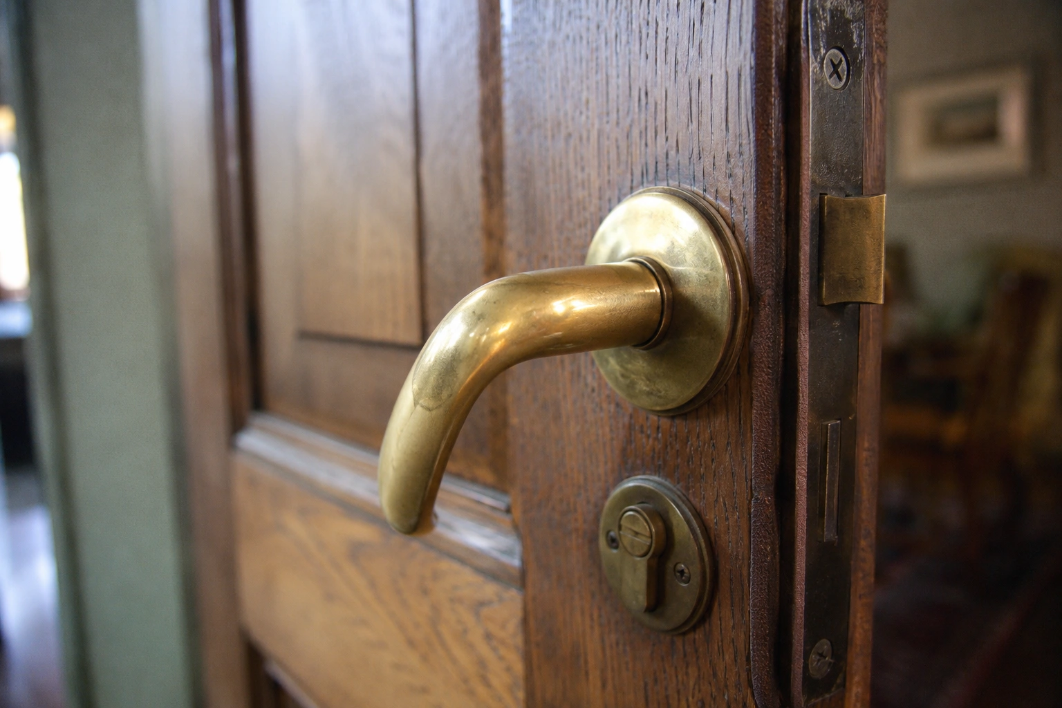 Close-up eines Messing-Türgriffs mit handpolierter Patina auf einer Eichentür mit Einsteckschloss